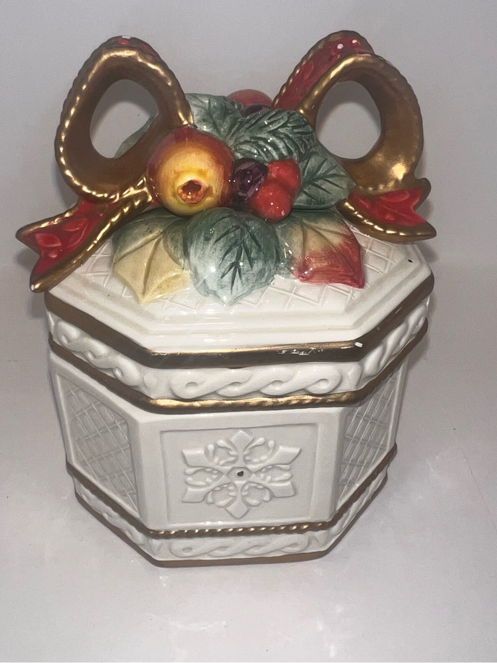 Porcelain Holiday Trinket Box with Gold Bow and Fruit Accent - White